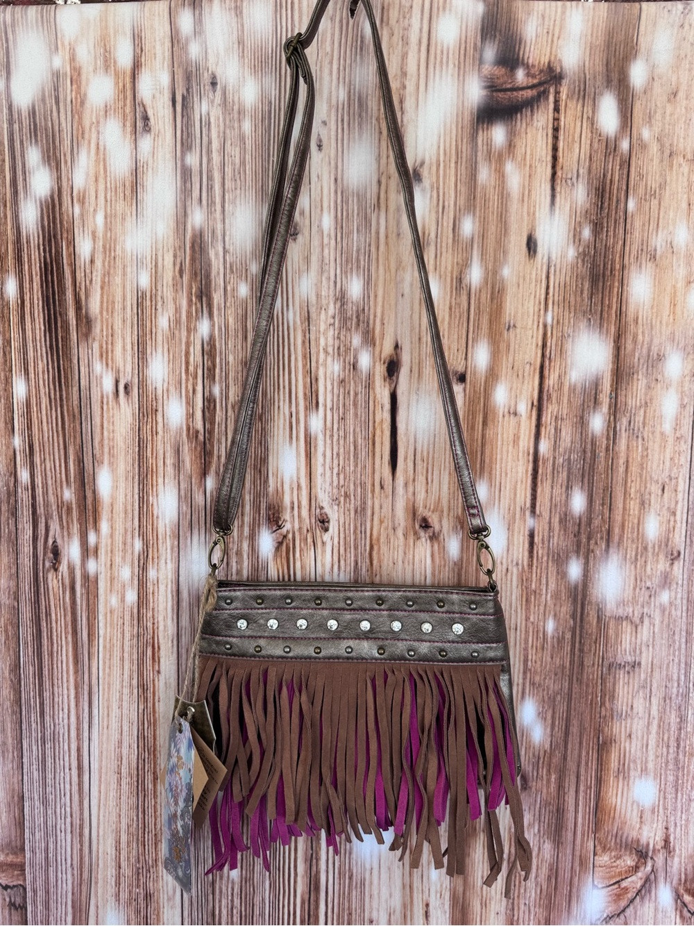 Catchfly Genuine Suede Fringe and Rhinestone Crossbody Bag